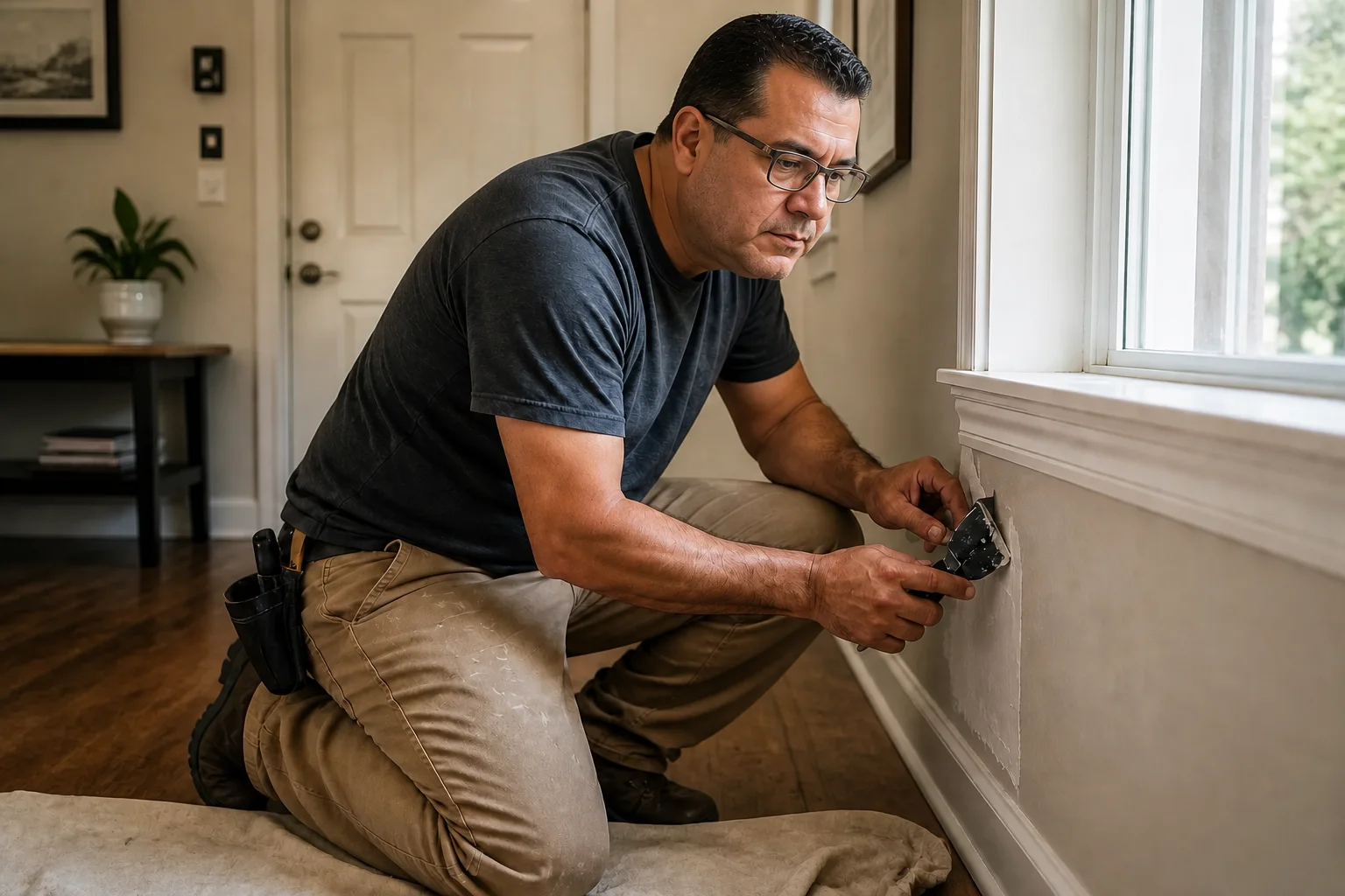 Omar repairing a wall beside a window