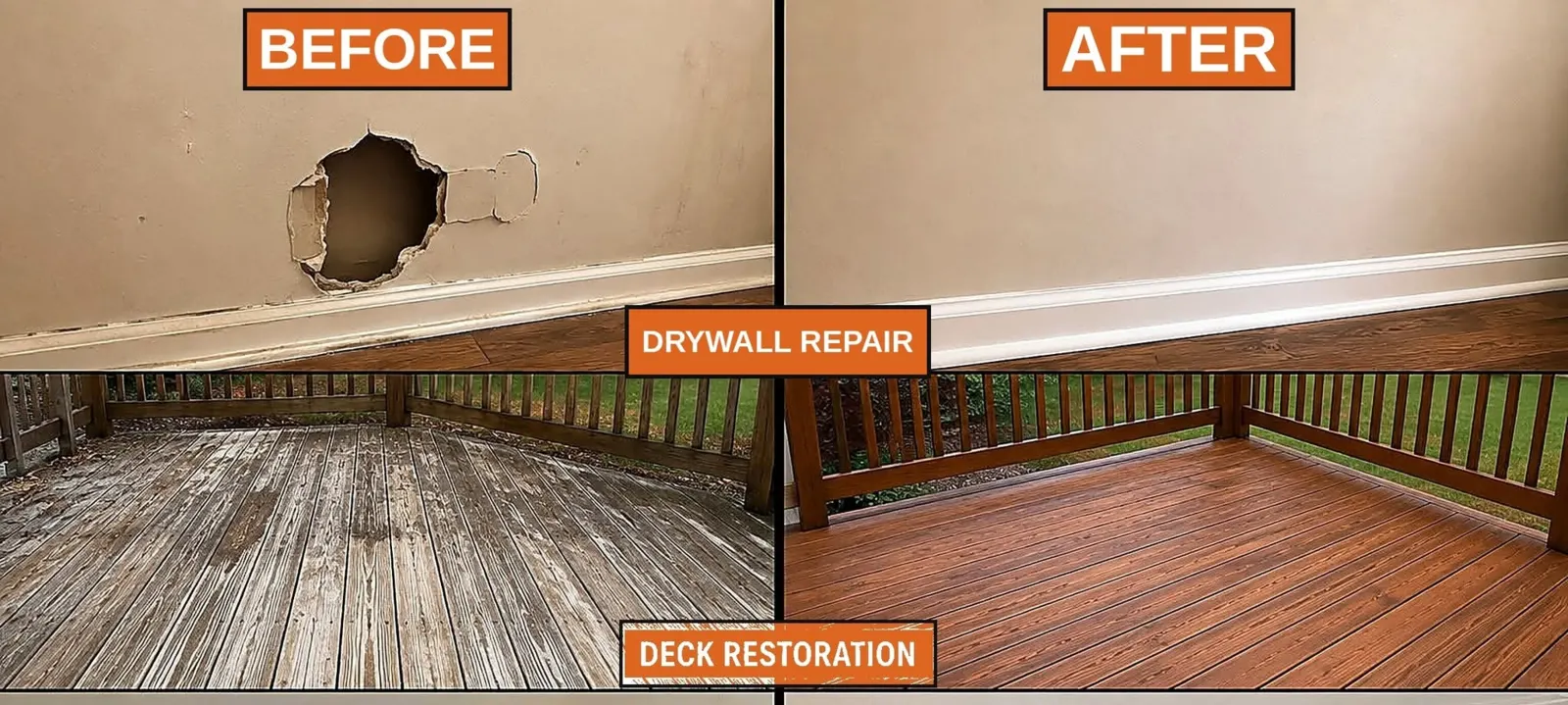 Before and after views of a drywall repair and deck restoration