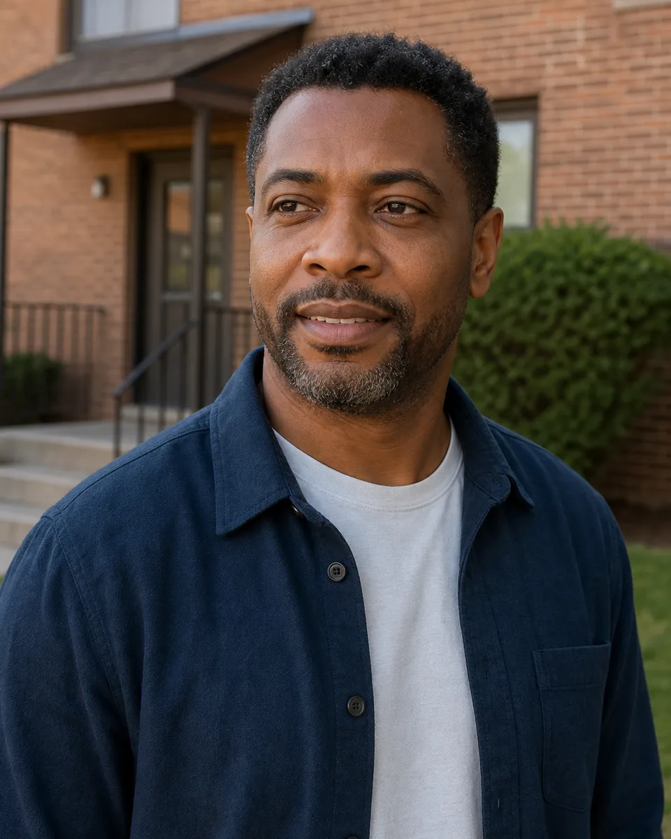 Property manager standing outside a brick apartment building